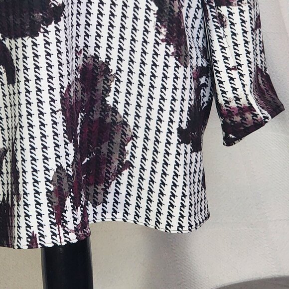 Alfani Black Plum Abstract Houndstooth Floral Pattern LS Poly Span V-Neck Top L - Picture 4 of 16